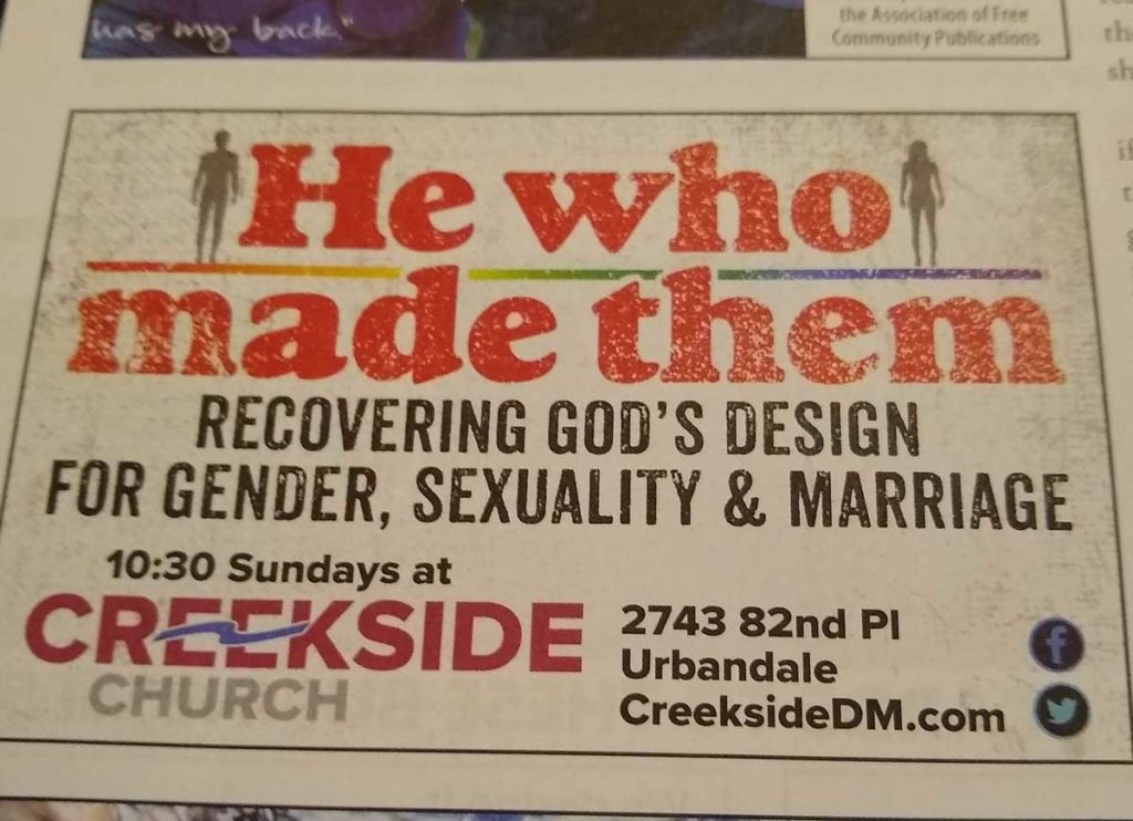 Picture of an advertisement for the Creekside Church