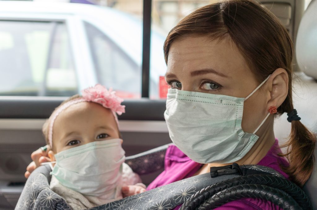 Mother and daughter wearing pollution protection masks in taxi